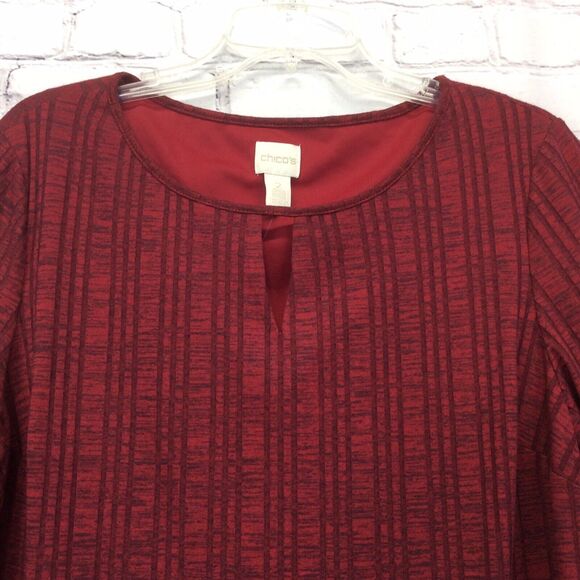 Chico's Tunic Dress Women's Size 2 (M/12) Red Ribbed Key Hole Neck 3/4 Sleeves - Picture 3 of 11